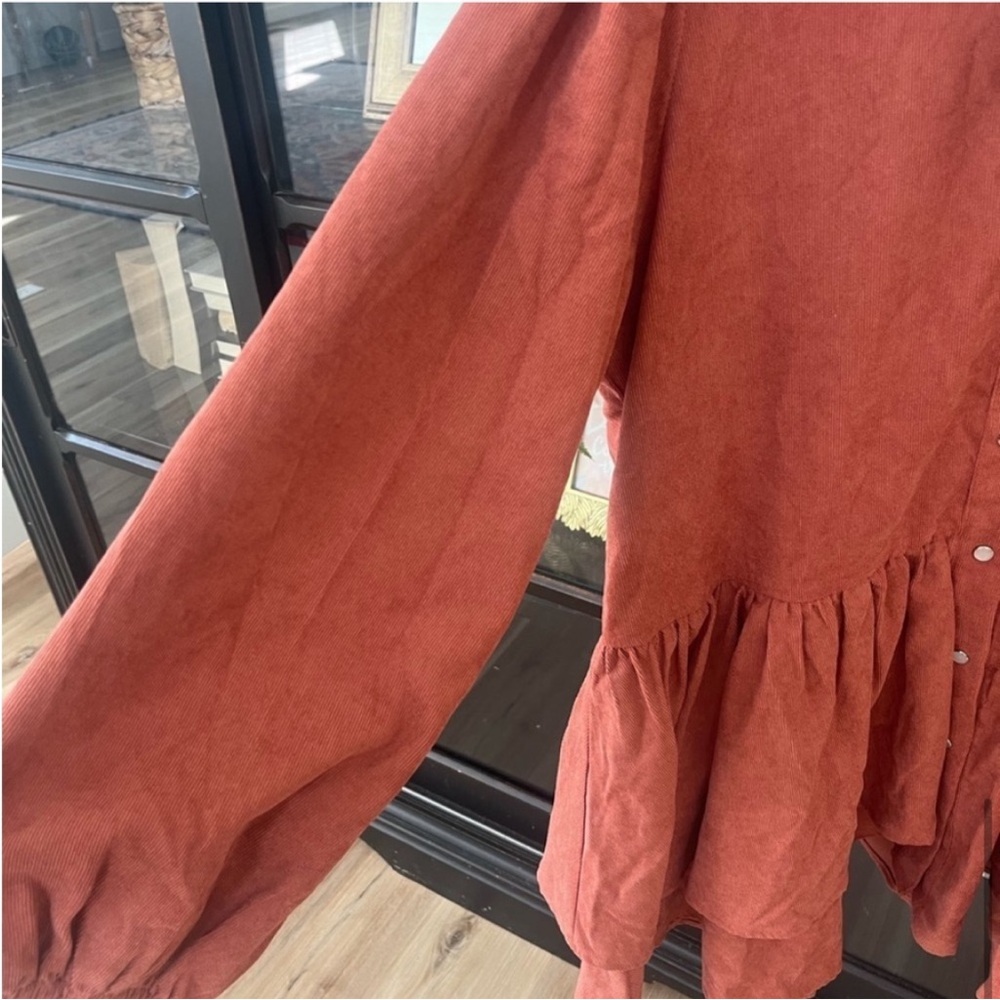 NWT Entro Courderoy Long Sleeve Dress. Ruffle Hem | Women’s Sz-L Rust - Picture 5 of 8